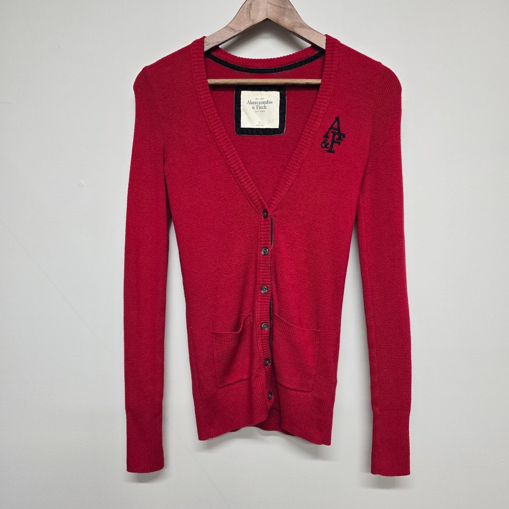 Abercrombie & Fitch Cardigan Sweater Womens Small Red Button Up Logo V-Neck Y2K